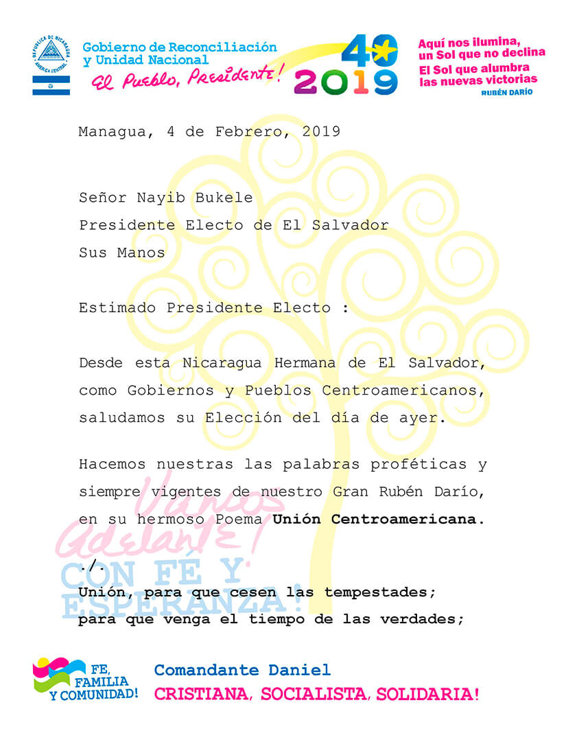 gobierno de nicaragua saluda elecci&oacute;n de Nayib Bukele